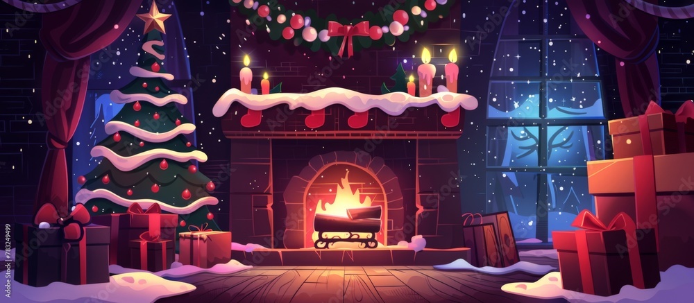 Obraz premium Beside the beautifully decorated Christmas tree, a warm fireplace sits adorned with wrapped presents, creating a festive atmosphere.