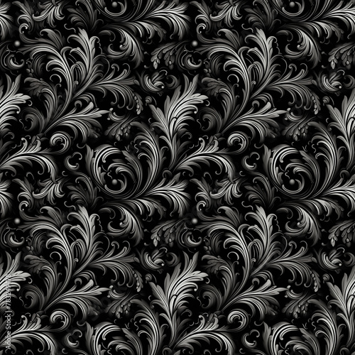 Black and white seamless pattern with classic foliage ornament. Seamless texture background.