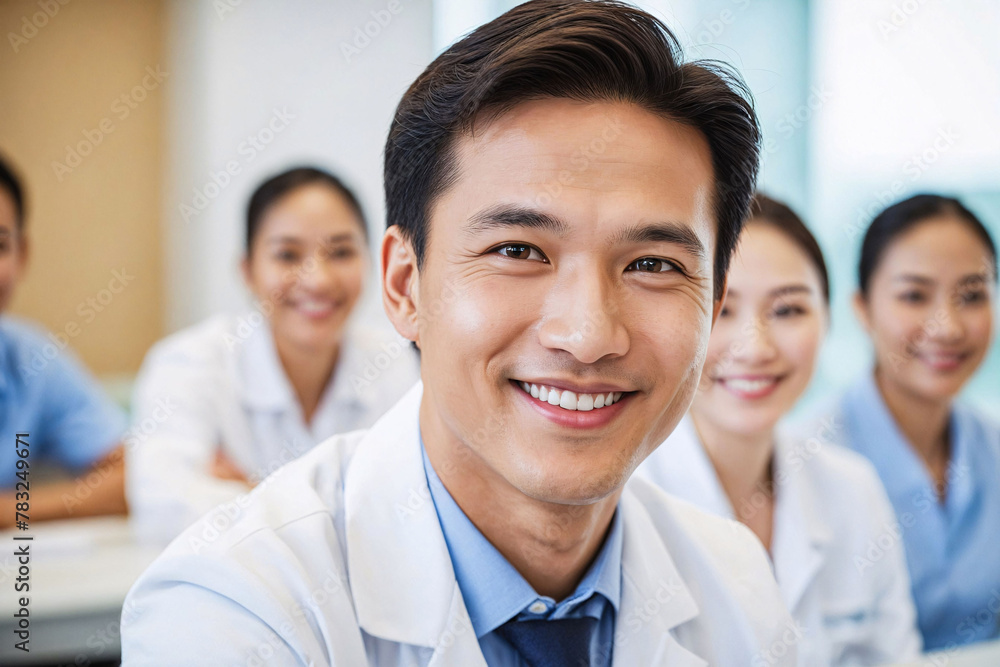 Smiling Male Southeast Asian Doctor in lecture during medical conference in meeting room, closeup Smiling Male Southeast Asian Doctor in lecture during medical conference in meeting room, closeup