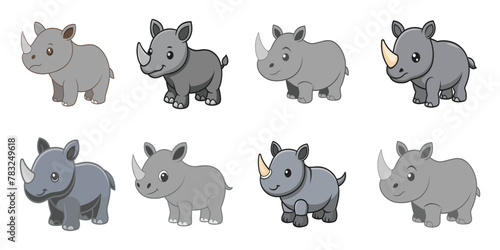 Collection set of cute cartoon sticker vector cheerful baby rhino with horn. African or safari animals' wildlife vector illustration stickers