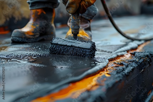 Sealing the Surface: Precision Waterproofing on a Rooftop. Concept Waterproofing Materials, Roof Coatings, Leak Prevention, Surface Sealing Techniques