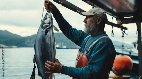 Proud Fisherman Holding a Fresh Catch Against the Ocean Landscape, AI Generation