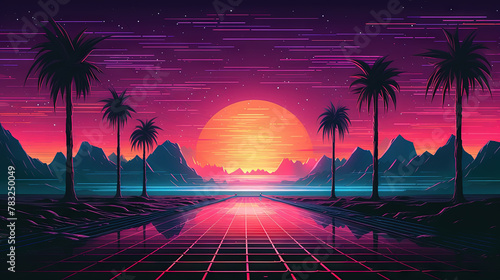 Road to horizon in synthwave style. 80s styled purple and blue synthwave highway landscape.