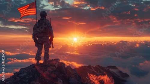American Soldier Proudly Holding Flag on Mountain Peak at Sunset - Copy Space for Text