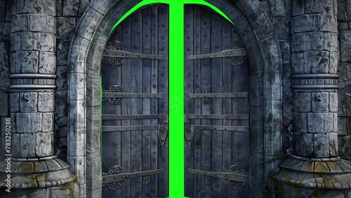 animation - Ancient castle gate with a mysterious green glow on green scren