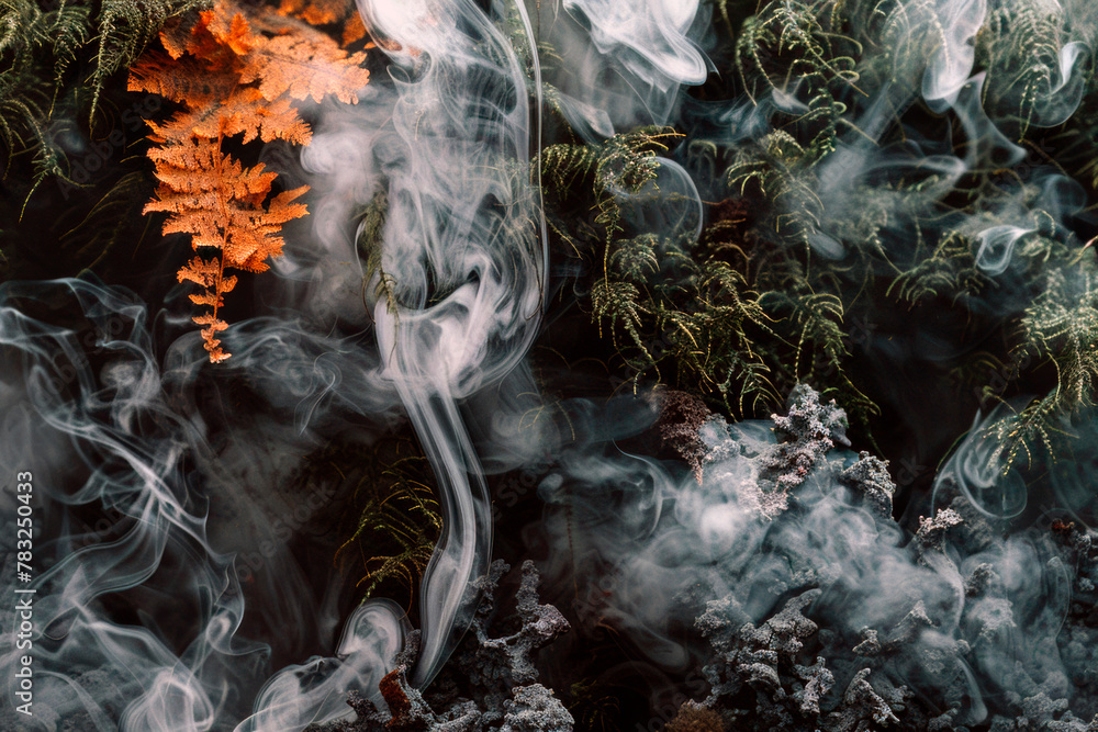 Collage of Earth textures: dance of autumn leaves and smoke, smouldering embers, drifting mist, and delicate, rime-covered branches, generative AI background