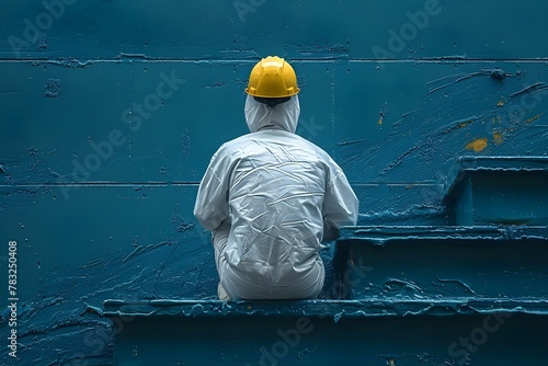 Worker in White Suit on Blue Maintenance Job. Concept Blue Collar Worker, White Overalls, Maintenance Job, Industrial Setting, Work in Progress photo