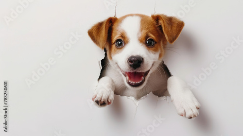 Puppy looking from the hole in the wall, happy dog banner concept  © AdamantiumStock