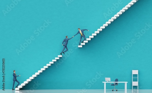 Business man taking a to make a move in career. Businessman is jumping between stairs. Business environment concept with stairs representing achievement, growth, success. 3D rendering