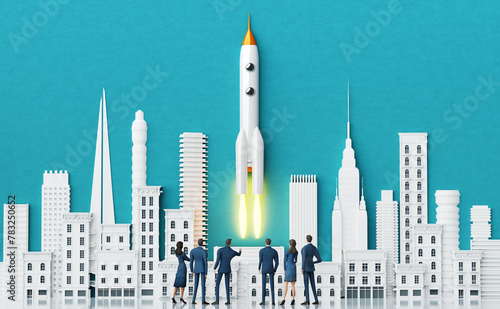 Business people watching successful startup in the City, background with beautiful white  skyscrapers periodic buildings and copy space. 3D rendering