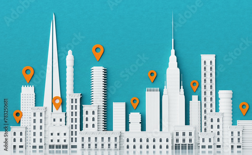 City background with beautiful white skyscrapers periodic buildings and address marks above them. 3D rendering