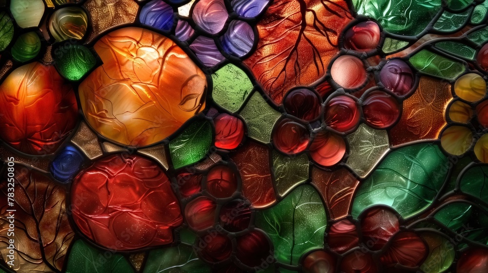 Tasty fruits, colorful stained glass
