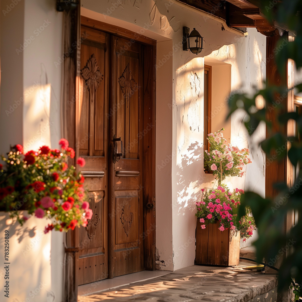 Traditional Wooden Door with Decorative Carvings and Pink Flowers on a Whitewashed Wall at Golden Hour, AI Generation Traditional Wooden Door with Decorative Carvings and Pink Flowers on a Whitewashed Wall at Golden Hour, AI Generation
