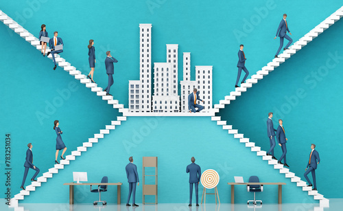 Successful business people are working in office in the city. Business environment concept with stairs  representing achievement, growth and career jorney. 3D rendering