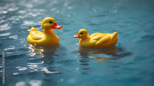 A hot summer's day finds a yellow rubber duck swimming on blue water.