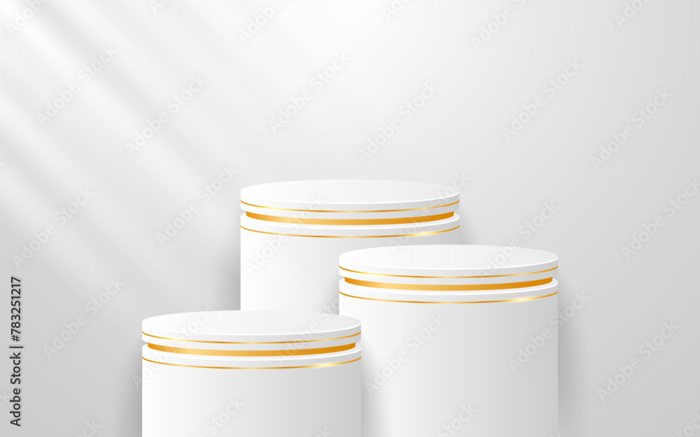 Multi-layered white podium with elegant gold lines for product presentation. Display of cosmetic products. Stage or podium. vector illustration Multi-layered white podium with elegant gold lines for product presentation. Display of cosmetic products. Stage or podium. vector illustration