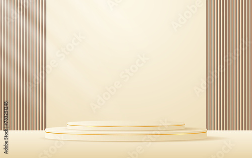Cream podium with elegant golden lines with brown slatted backdrop for advertisement display. Display of cosmetic products. stage or podium. vector illustration	
