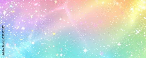Rainbow pastel glitter background with stars, kawaii rainbow fantasy sky pattern for cute colorful wallpaper fantasy art.
