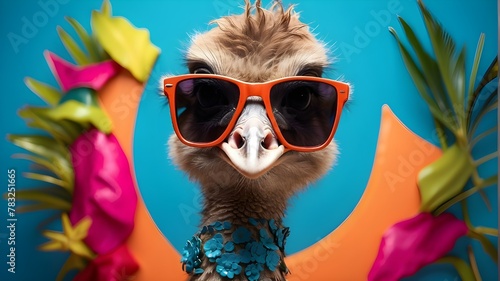 Funny ostrich with sunglasses in a brightly colored studio setting.