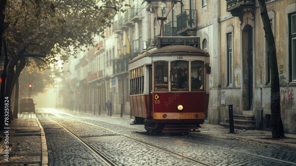 Vintage tram on misty city street at dawn.