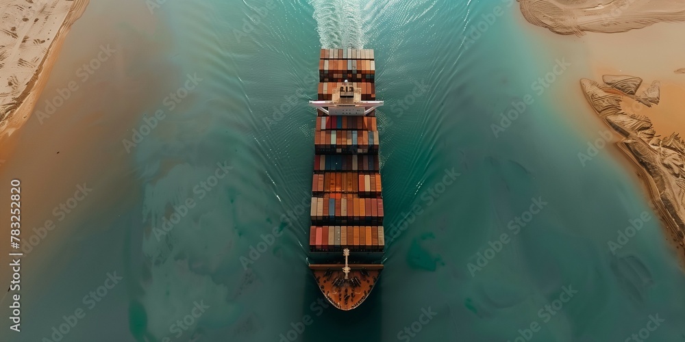 A photo taken by a drone top down of a cargo container vessel moving through the red sea/suez canal loaded with shipping containers A photo taken by a drone top down of a cargo container vessel moving through the red sea/suez canal loaded with shipping containers