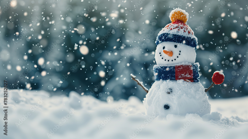 A snowman with a red hat and scarf stands in the snow. The scene is peaceful and serene, with the snowman as the main focus A snowman with a red hat and scarf stands in the snow. The scene is peaceful and serene, with the snowman as the main focus