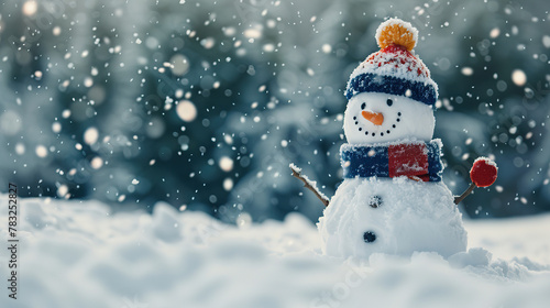A snowman with a red hat and scarf stands in the snow. The scene is peaceful and serene, with the snowman as the main focus