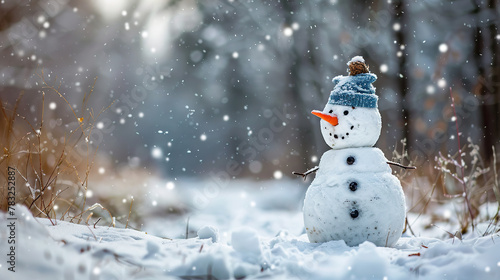 A snowman with a red hat and scarf stands in the snow. The scene is peaceful and serene, with the snowman as the main focus