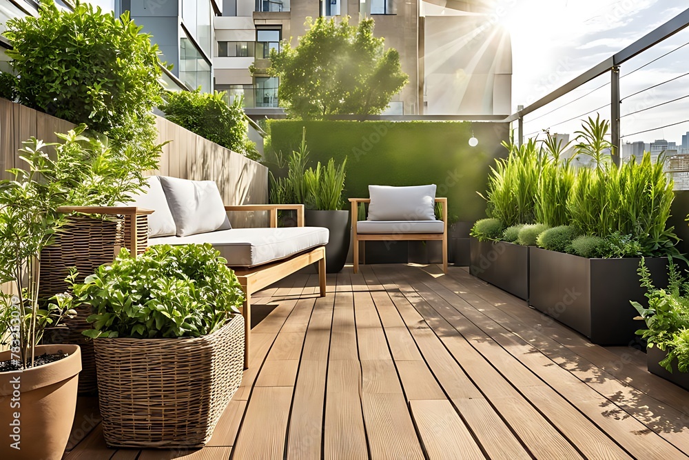 Beautiful of modern terrace with wood deck flooring and fence, green potted flowers plants and outdoors furniture. Cozy relaxing area at home. Sunny stylish balcony terrace in the city Beautiful of modern terrace with wood deck flooring and fence, green potted flowers plants and outdoors furniture. Cozy relaxing area at home. Sunny stylish balcony terrace in the city