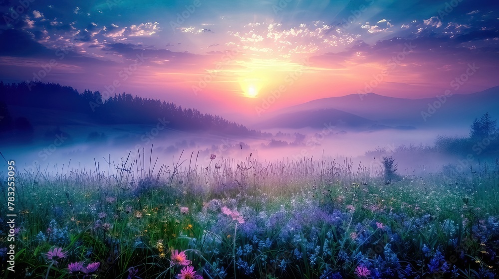 Dewy and foggy field in the morning or evening mist
Dewy and foggy field in the morning or evening mist