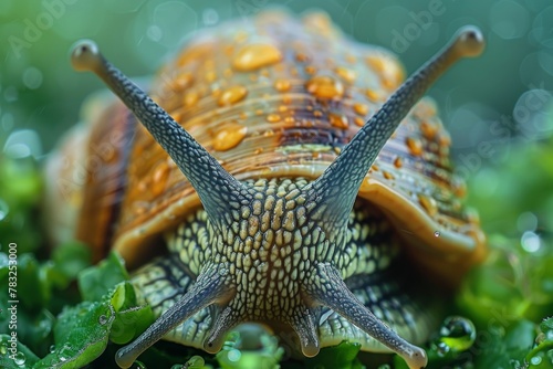 Close Up of Snail on Grass photo