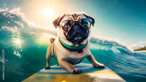 Funny pug dog surfing with crazy eyes and keeping balance on summer vacation