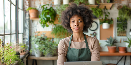 African woman dressed in working apron inside greenhouse garden or flower shop. photo