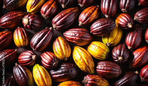 A vibrant collection of cacao pods in various stages of ripeness from roça diogo vaz, showcasing the natural diversity of cacao. Chocolate Production Background, Backdrop, Wallpaper. photo