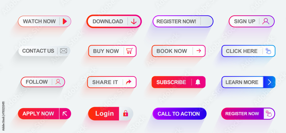 Read More, learn more, buy now, download, watch now, book more colorful button set. UI UX website button Read More, learn more, buy now, download, watch now, book more colorful button set. UI UX website button