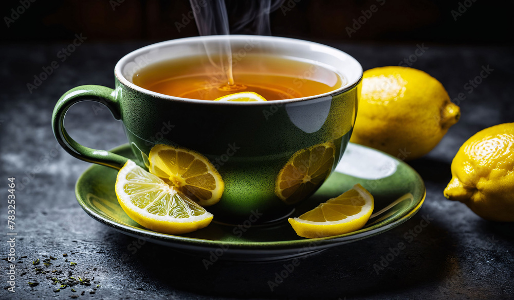A warm cup of tea and lemon slices on a saucer, placed on a dark textured table, green teacup with hot tea A warm cup of tea and lemon slices on a saucer, placed on a dark textured table, green teacup with hot tea