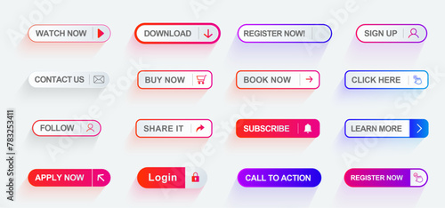 Read More, learn more, buy now, download, watch now, book more colorful button set. UI UX website button 