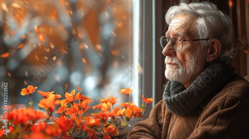 Melancholic Senior Grandpa Sitting by the Window Illustration. Stressed retired person feeling tired and depressed 