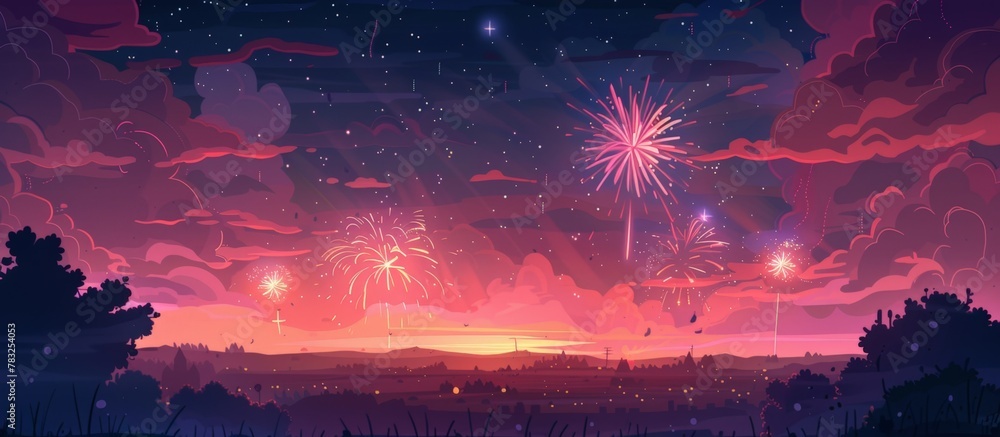 Vivid and dynamic fireworks illuminate the dark sky in a dazzling display of colors and shapes