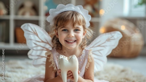 Happy Child Dressed as The Tooth Fairy Holding Molar. Kid showing interest for dental health education learning about primary teeth photo