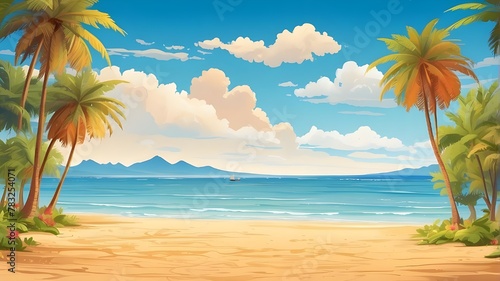 illustration of a summertime beach scene background vacation with palm trees  tropical leisure  hot sand picture in paradise during the summer