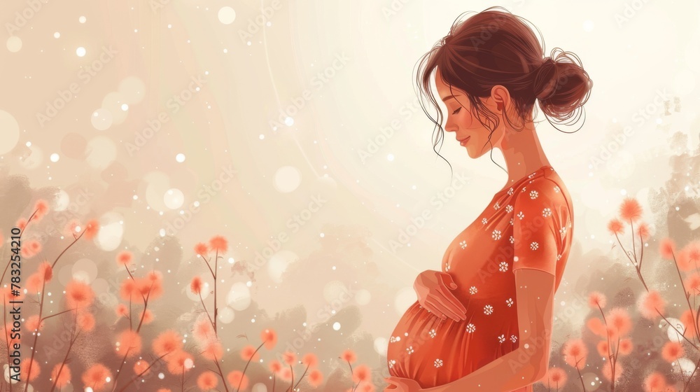 Expecting Woman Feeling a Baby kick Vector Cartoon Illustration. Careful mom caressing her tummy in prenatal late stage Expecting Woman Feeling a Baby kick Vector Cartoon Illustration. Careful mom caressing her tummy in prenatal late stage