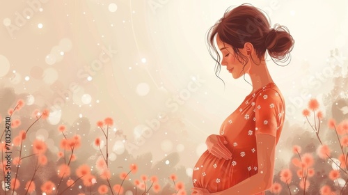 Expecting Woman Feeling a Baby kick Vector Cartoon Illustration. Careful mom caressing her tummy in prenatal late stage photo