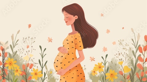 Expecting Woman Feeling a Baby kick Vector Cartoon Illustration. Careful mom caressing her tummy in prenatal late stage 