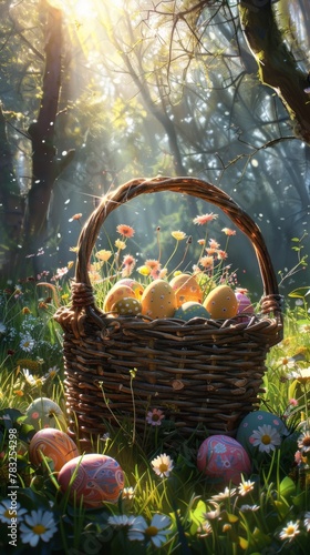 Easter joy is depicted in a scene of a basket filled with colorful eggs on green grass under the sun during springtime. This image can serve as a decorative Easter banner or background