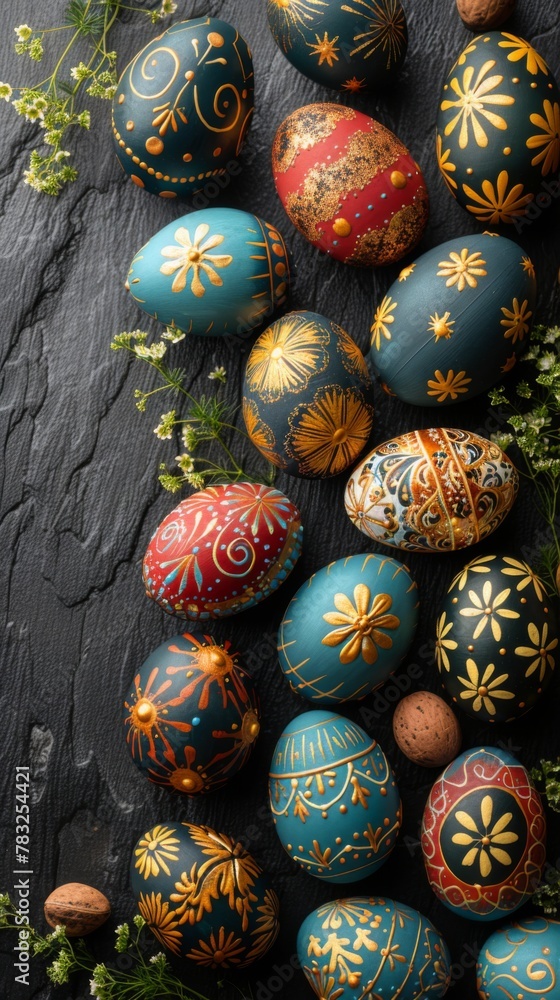 Decorated Easter eggs called Pysanka on a black wooden background with copy space and viewed from the top --ar 9:16 --stylize 750 Job ID: 2a889230-a98c-4b9f-b68f-94a5d5edb62a Decorated Easter eggs called Pysanka on a black wooden background with copy space and viewed from the top --ar 9:16 --stylize 750 Job ID: 2a889230-a98c-4b9f-b68f-94a5d5edb62a