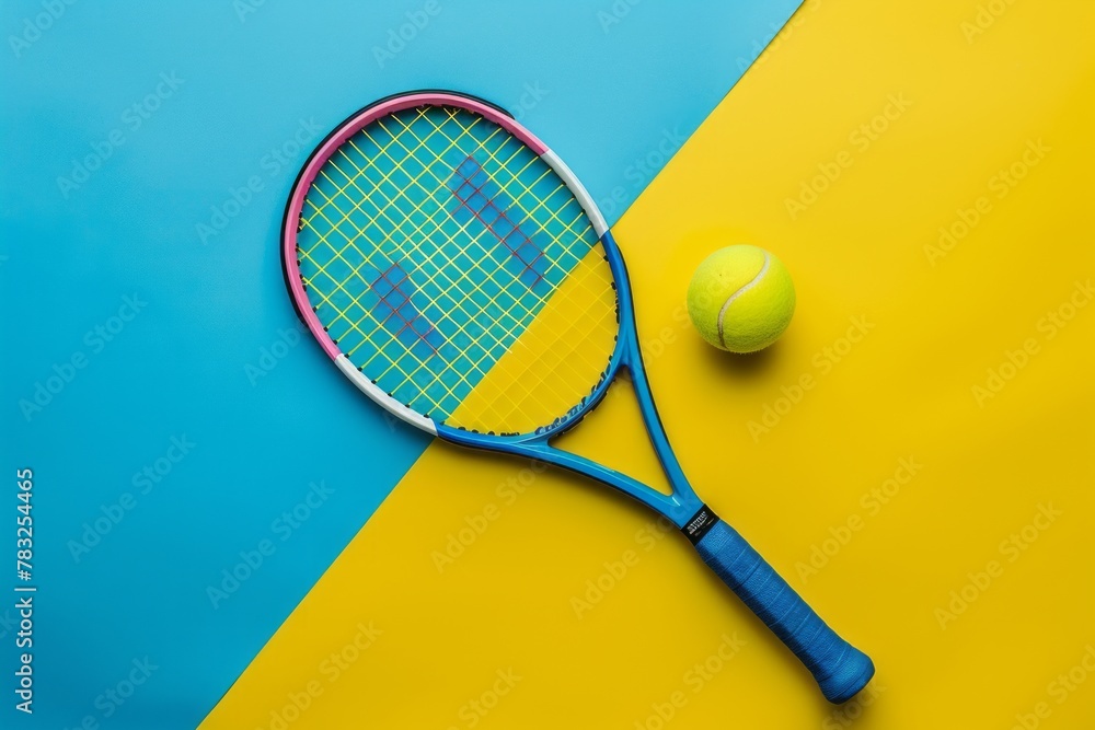 Still life image of a tennis racket with tennis ball, minimalism