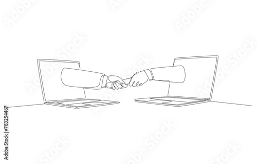 Continuous one line drawing of hands coming out of laptop screen to pass and receive baton, remote working, outsourcing concept, single line art.