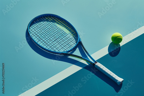 Still life image of a tennis racket with tennis ball, minimalism