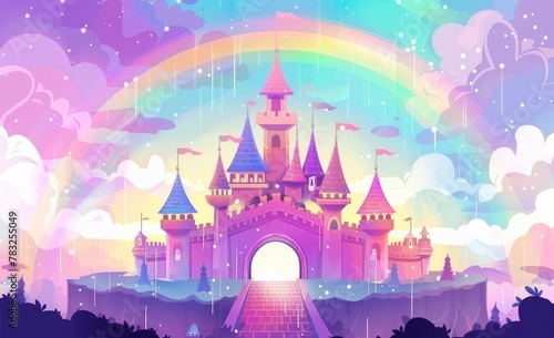 rainbow pastel fantasy fairy tale castle background